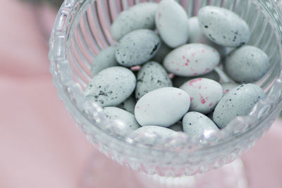 High angle view of eggs in bowl on table