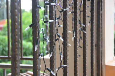 Close-up of string lights hanging on railing