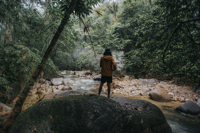 Rear view of man standing by rocks in forest