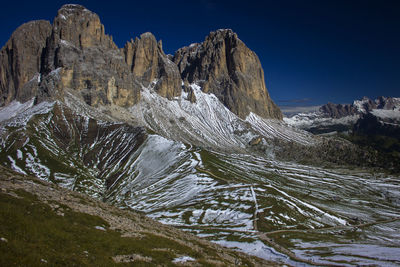 Scenic view of snow covered mountain against sky in dolomites 