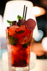 Close-up of drink served on table