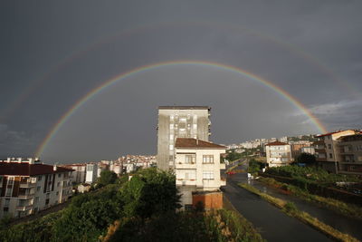 Rainbow over buildings in city against sky