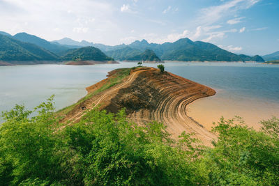 Scenic view of lake and mountains against sky