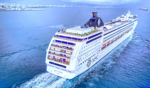 High angle view of ship sailing in sea