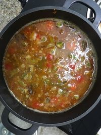 High angle view of soup in cooking pan