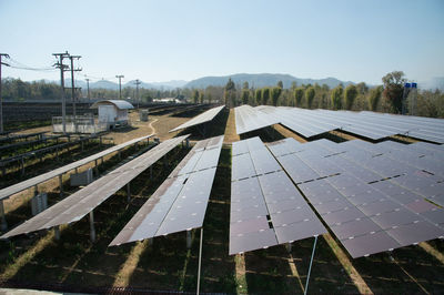 Solar farm on field against sky
