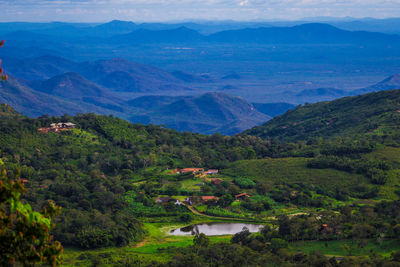 High angle view of landscape and mountains