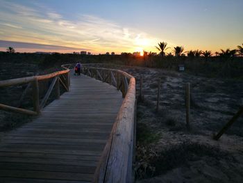 Boardwalk amidst trees against sky during sunset