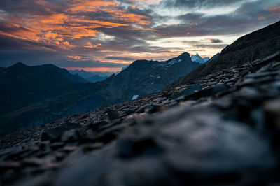 Scenic view of mountains against sky during sunset