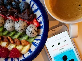 High angle view of breakfast on table