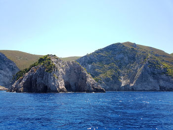 Scenic view of sea against clear blue sky