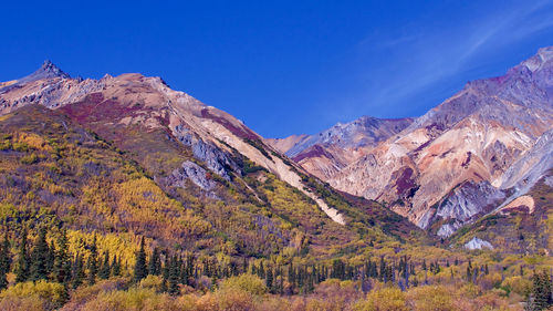 Scenic view of mountains against blue sky during autumn