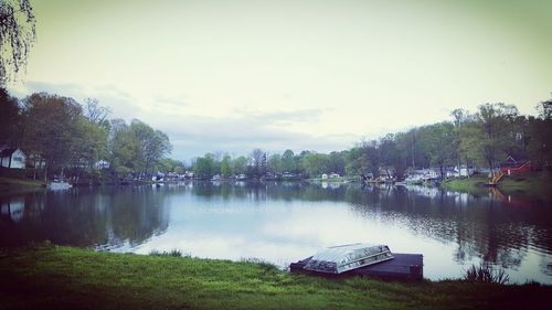 Calm lake with trees in background