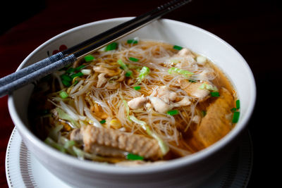 High angle view of soup served in bowl