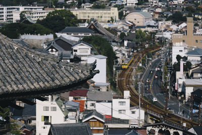 High angle view of houses in town