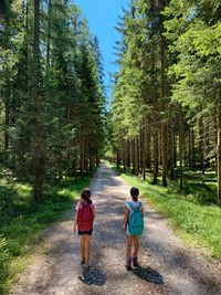 Rear view of twins walking in forest. kids