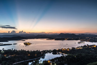 Scenic view of lake against sky at sunset