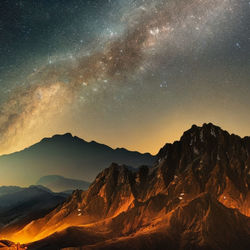 Scenic view of mountains against sky at night