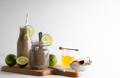 Close-up of drink against white background