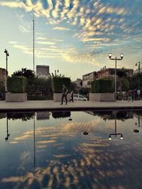 Reflection of trees in city against sky