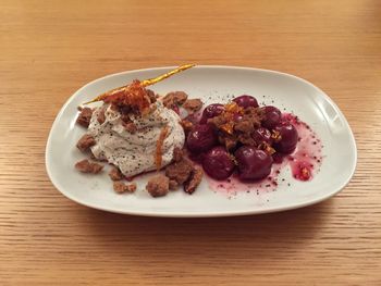 High angle view of breakfast in plate on table