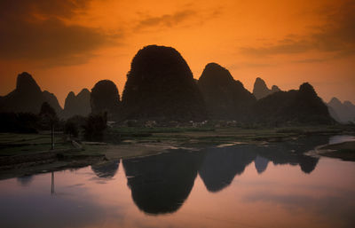 Scenic view of lake at sunset