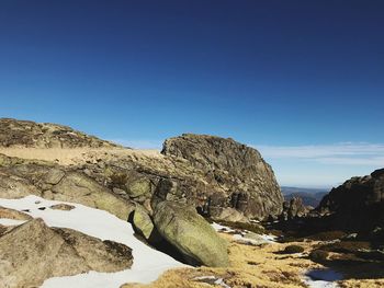 Scenic view of mountain against clear blue sky