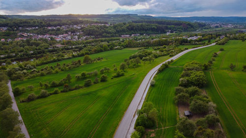 High angle view of agricultural field against sky