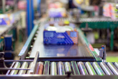 High angle view of conveyor belt in factory 