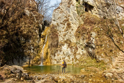 People standing on rock amidst trees