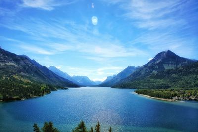 View of lake with mountain range in background