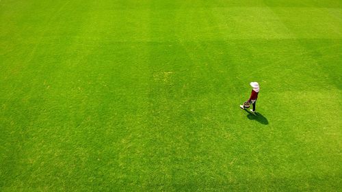 High angle view of man walking on grass