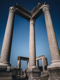 Low angle view of old ruin building against sky