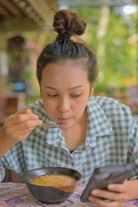 Series photo of young woman have a breakfast , morning meal