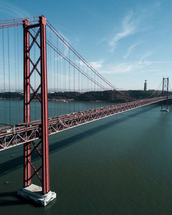 High angle view of red metal bridge accross river