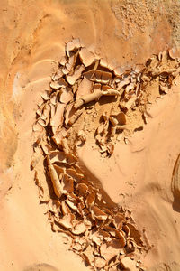 High angle view of footprints on sand at beach