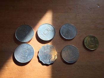 High angle view of coins on table