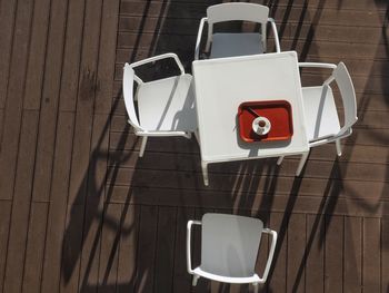 High angle view of coffee cup on table