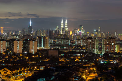 High angle view of city at night