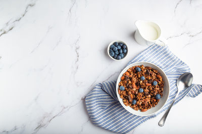 High angle view of breakfast served on table