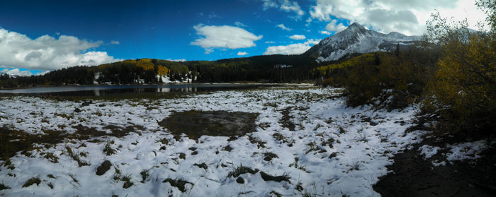 Scenic view of frozen lake against sky