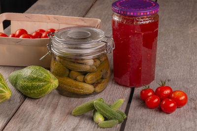 Close-up of fruits in jar on table