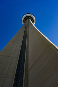 Low angle view of modern building against clear blue sky