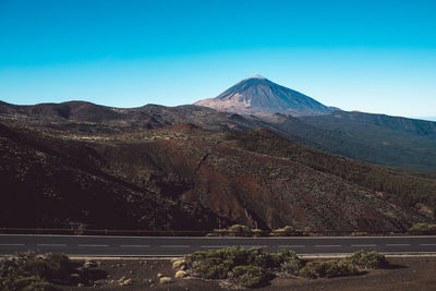 Scenic view of mountains against clear blue sky