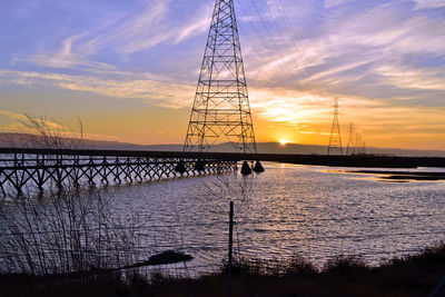 Silhouette electricity pylon by river against sky during sunset