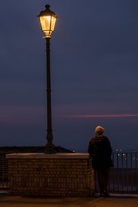 Rear view of man standing on street light against sky