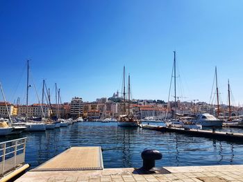 Sailboats moored at harbor against clear sky