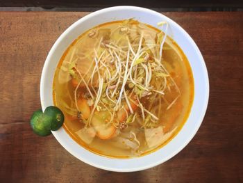 High angle view of soup in bowl on table