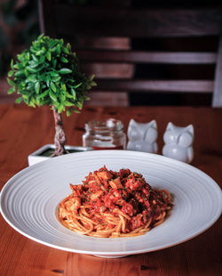 Close-up of food served on table