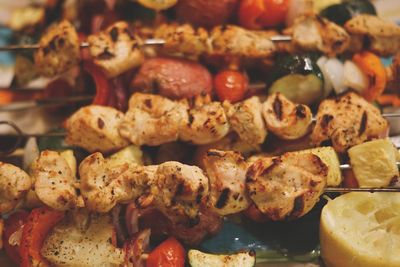 Close-up of meat on skewers